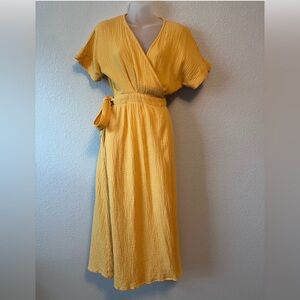 Marine Layer Mustard 100% cotton Midi wrap Dress size S pockets short sleeve